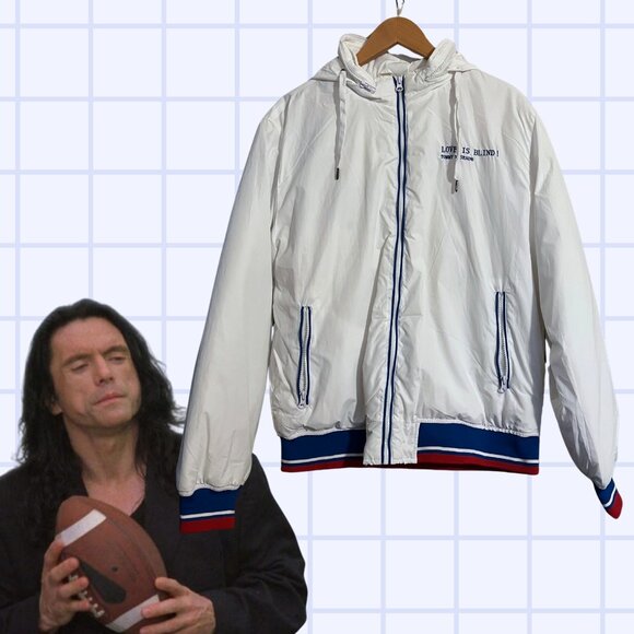 🧥 Tommy Wiseau “LOVE IS BLIND!” White Windbreaker Jacket – Size L - Picture 1 of 8